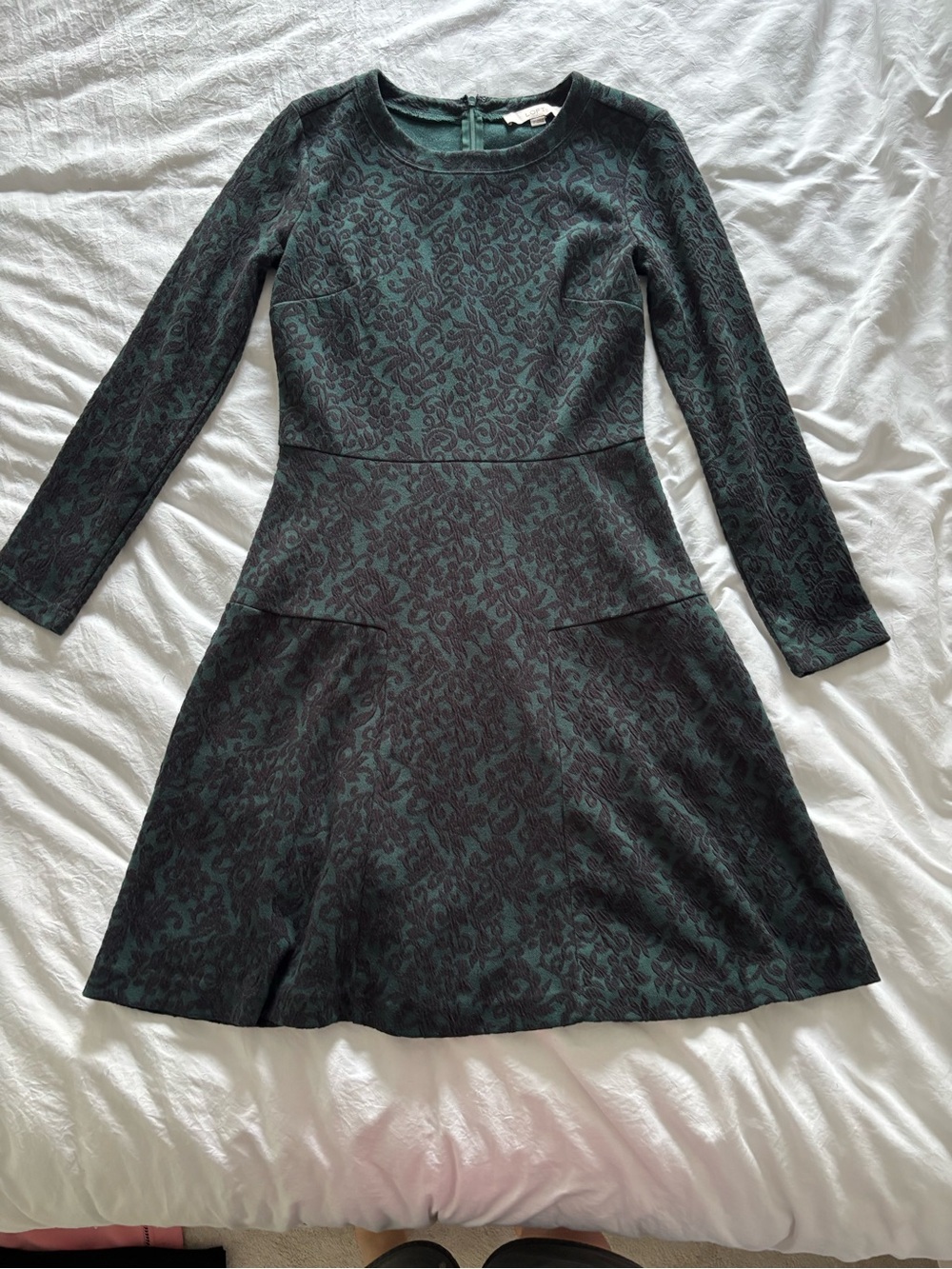 LOFT Dark Green & Black Long-Sleeve Jacquard Fit-and-Flare Dress